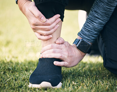 Buy stock photo Closeup woman, pain and ankle injury outdoor from fitness accident, emergency or first aid risk at park. Joint, bone health and injured leg of athlete, runner and problem of arthritis, muscle or feet