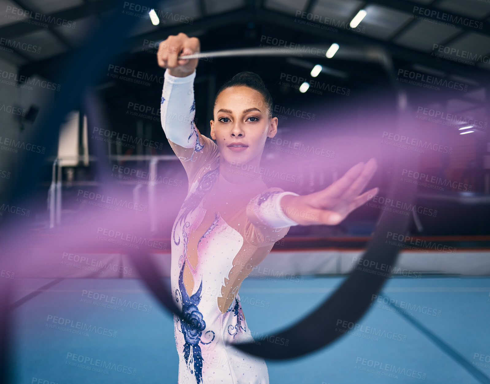 Buy stock photo Ribbon, gymnastics and portrait of woman dance for performance, sports competition and action show. Female, rhythmic movement and dancing athlete with creative talent, concert event or practice arena