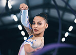 Portrait of woman, ribbon gymnastics and dance for performance, sports competition and action show. Female, rhythmic movement and dancing athlete with creative talent, concert event and agility skill