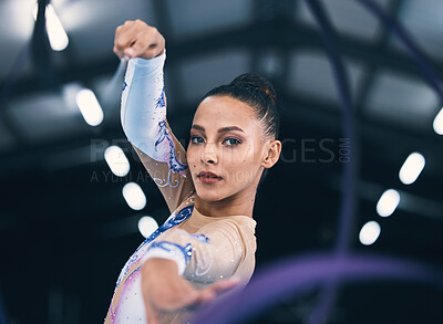 Portrait of woman, ribbon gymnastics and dance for performance, sports competition and action show. Female, rhythmic movement and dancing athlete with creative talent, concert event and agility skill