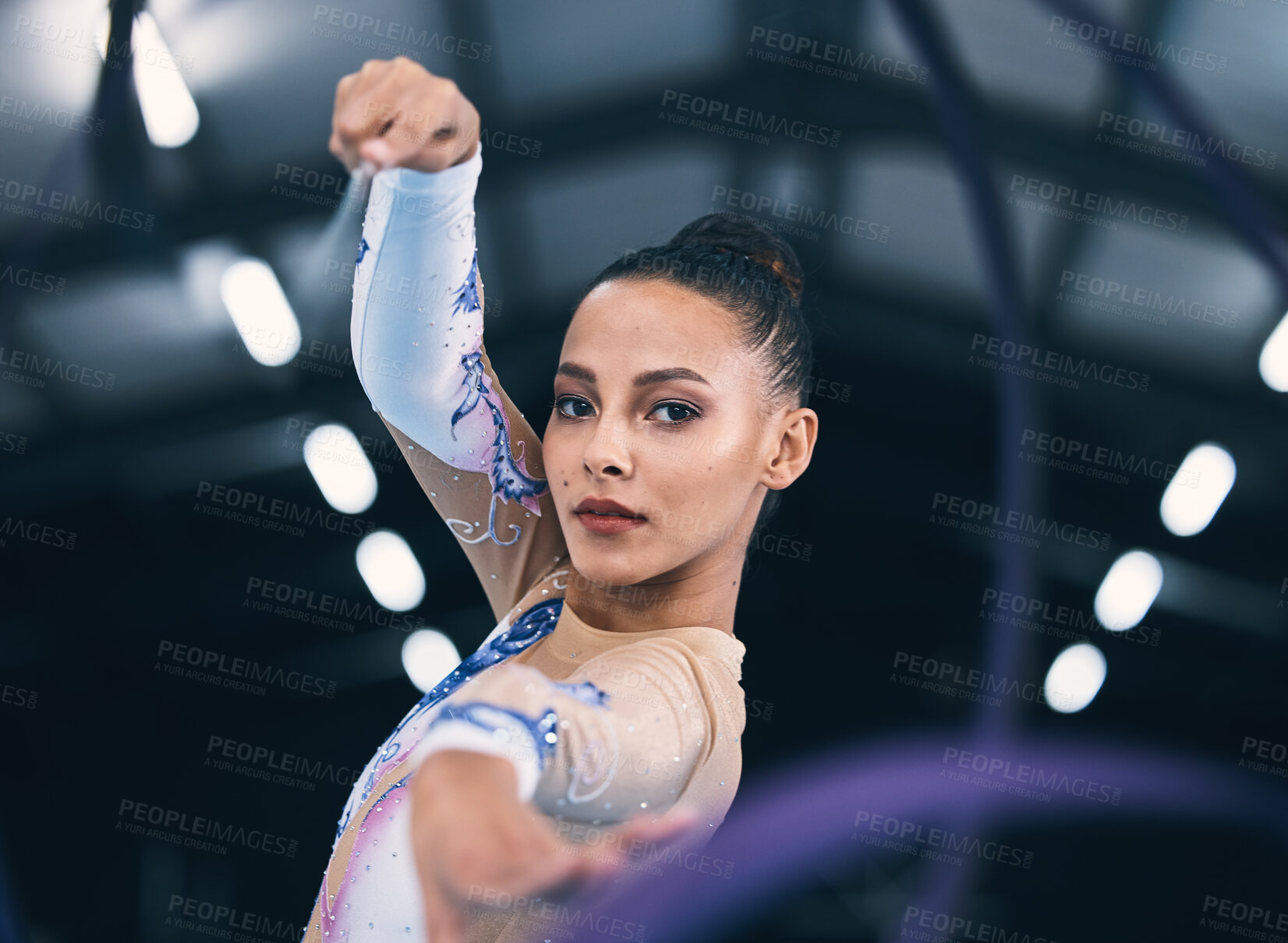 Buy stock photo Portrait of woman, ribbon gymnastics and dance for performance, sports competition and action show. Female, rhythmic movement and dancing athlete with creative talent, concert event and agility skill