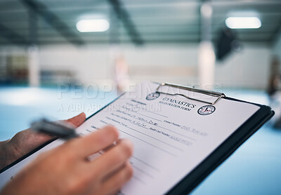 Buy stock photo Hand, documents and contract in gym with a coach watching a performance for membership sign up or checklist. Paper, assessment and personal trainer in a sports center for fitness, planning or review