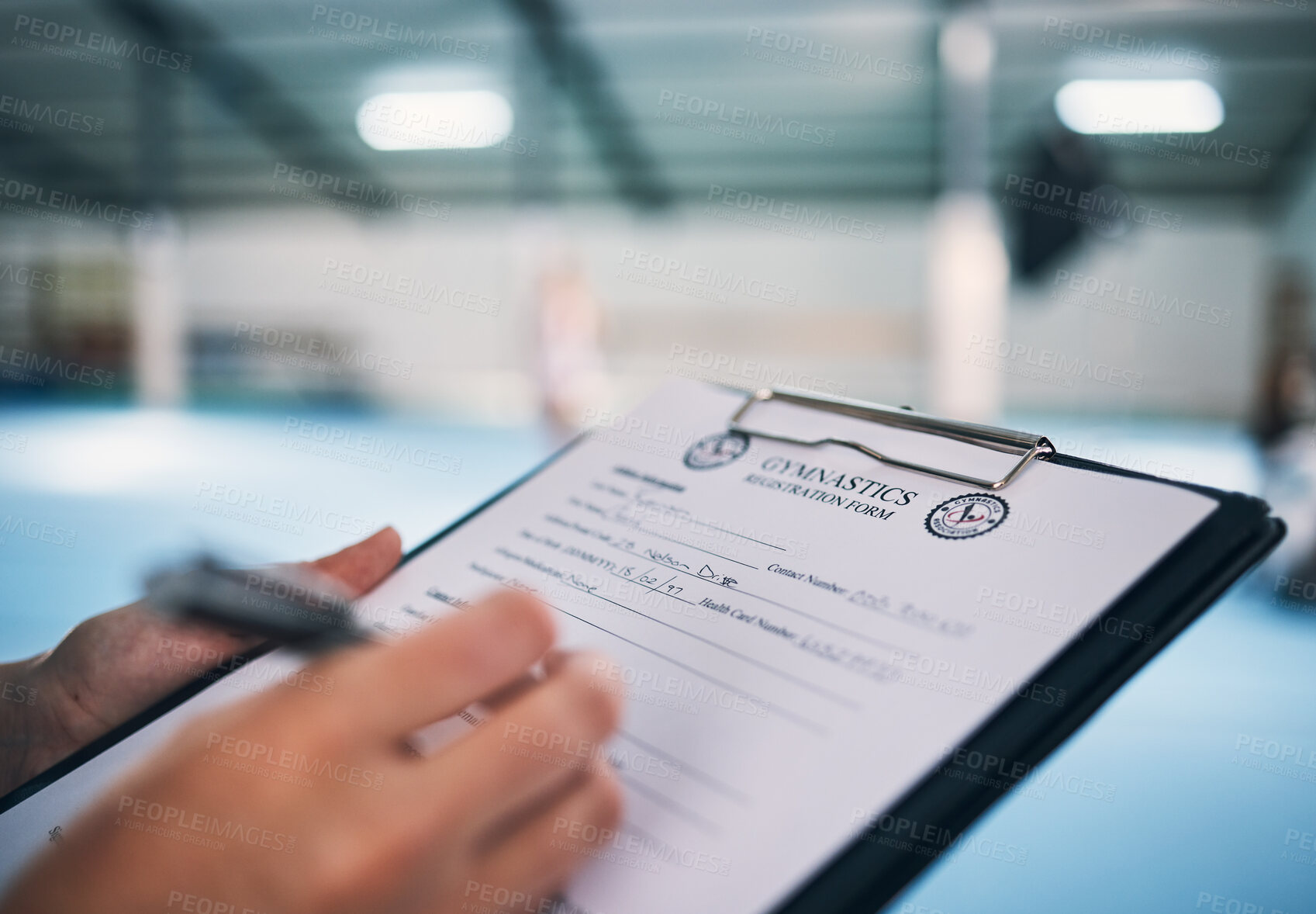 Buy stock photo Hand, documents and contract in gym with a coach watching a performance for membership sign up or checklist. Paper, assessment and personal trainer in a sports center for fitness, planning or review