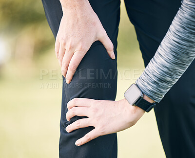 Buy stock photo Closeup woman, knee pain and injury for fitness, first aid emergency and exercise health risk at park. Legs of female athlete, accident and workout mistake of injured muscle, runner problem and wound