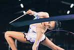 Ribbon gymnastics, woman and portrait in performance, dance training and sports competition. Female, rhythmic movement and flexible dancing athlete, balance action or creative talent in concert event