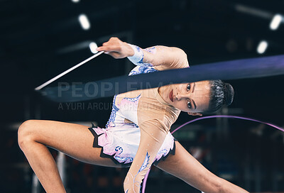 Ribbon gymnastics, woman and portrait in performance, dance training and sports competition. Female, rhythmic movement and flexible dancing athlete, balance action or creative talent in concert event