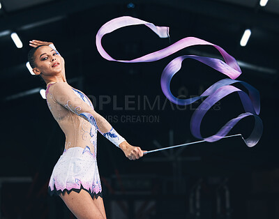 Buy stock photo Portrait ribbon and woman gymnast with fitness, performance art and training. Gymnastics, dancing and studio show of a gymnastic dancer in a exercise competition with creative workout and moving