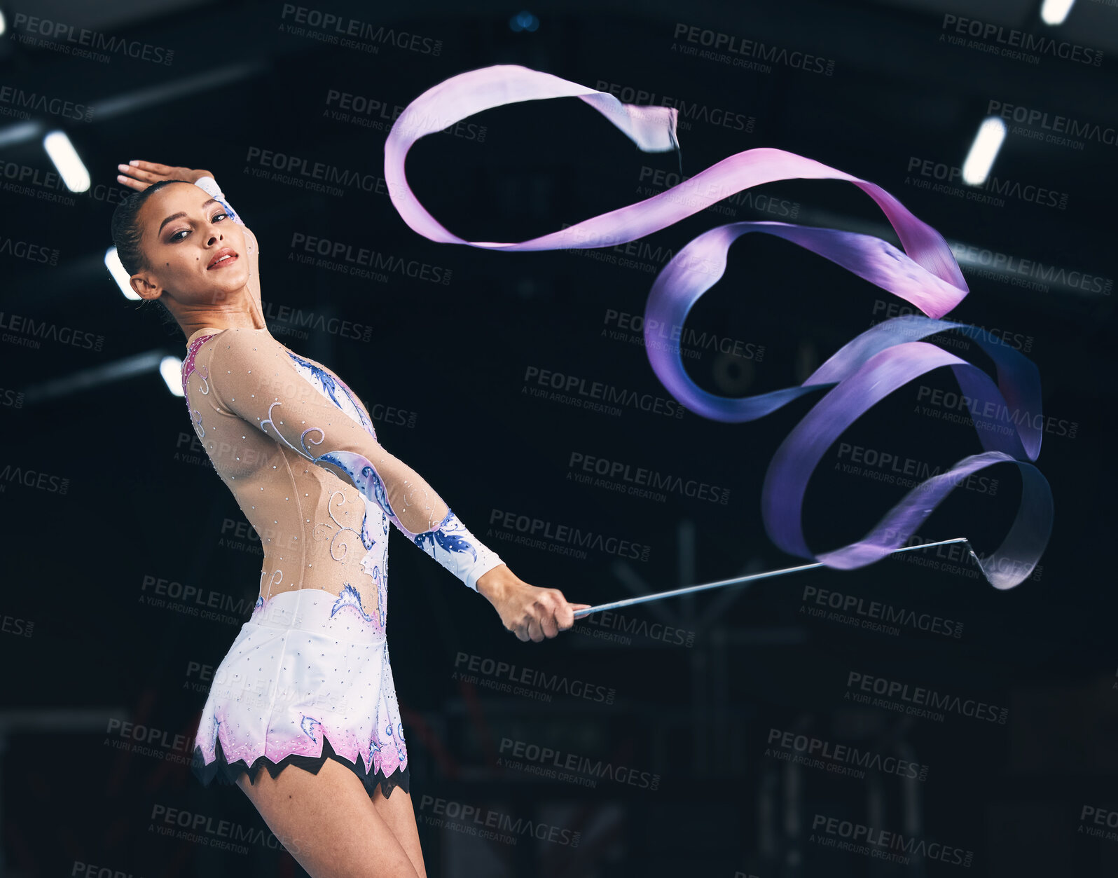 Buy stock photo Portrait ribbon and woman gymnast with fitness, performance art and training. Gymnastics, dancing and studio show of a gymnastic dancer in a exercise competition with creative workout and moving