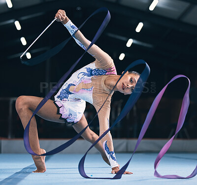 Portrait of flexible woman, ribbon gymnastics and dance for performance, sports competition and action show. Female, rhythmic movement and dancing athlete with creative talent, balance and agility