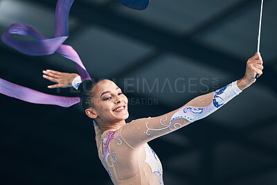 Buy stock photo Ribbon gymnastics, happy woman and dancing in performance, training show and sports competition. Female, rhythmic movement and dancer smile for action, creative talent and energy for concert in arena