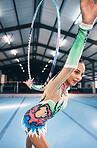 Woman, gymnastics and hoop for competition, sports training and dancing action in arena. Female, rhythmic movement and dancer with spinning ring for creative talent, solo concert or event performance