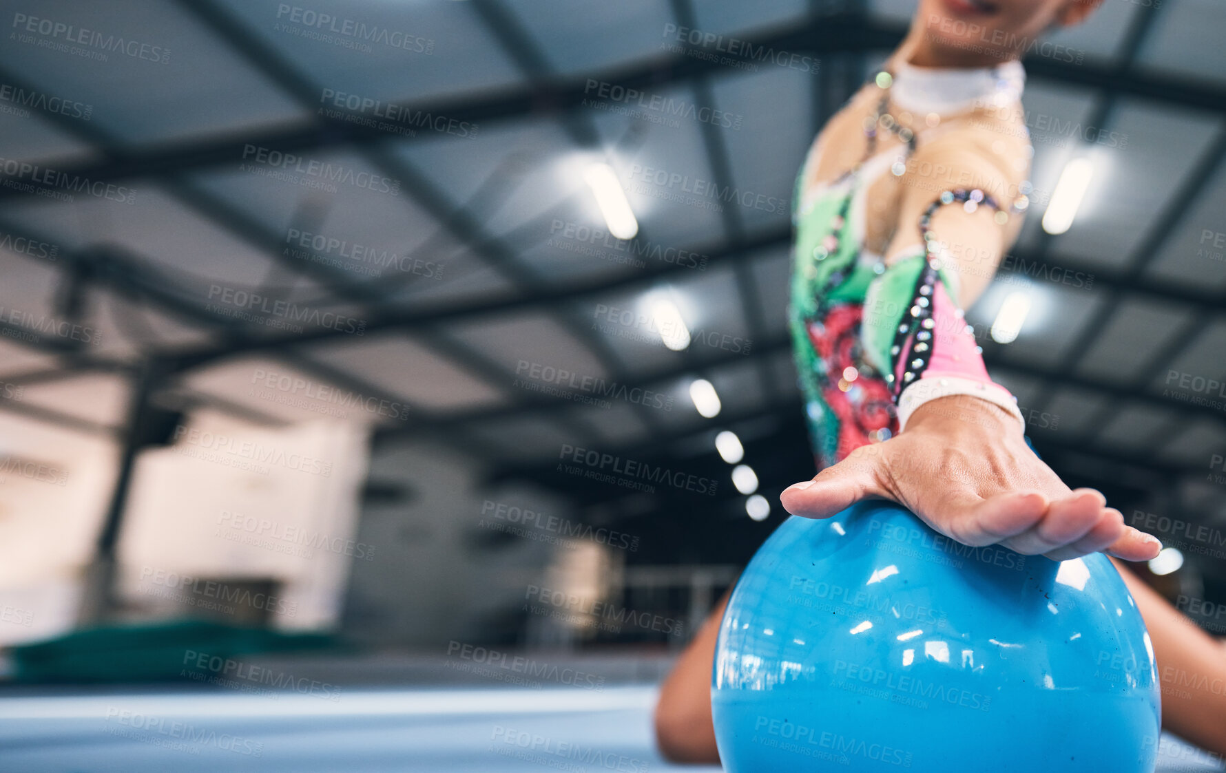 Buy stock photo Woman hands, gymnastics and ball for performance, elegant training and dancer in sports arena. Closeup female, rhythmic movement and dancing for creative talent, solo concert and agility in action