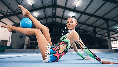 Buy stock photo Portrait of happy woman, gymnastics and ball for performance, sports competition and dancer in arena. Female, rhythmic movement and dancing with creative talent, solo concert and agility training 