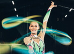 Ribbon gymnastics, happy woman and portrait of motion, dancing performance and competition in dark arena. Happy female dancer, rhythmic movement and solo action of creative talent, sports and concert