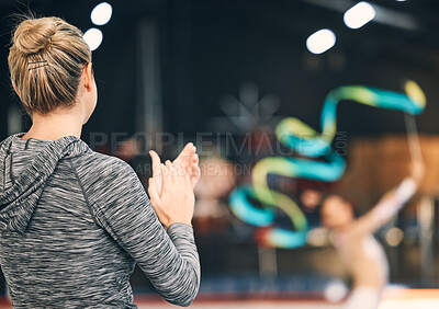 Buy stock photo Coaching, gymnastics and clapping with woman in stadium for training, fitness and teaching. Celebration, sports and workout practice with coach and acrobat for performance, flexibility and show