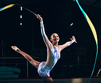 Ribbon gymnastics, woman and happy portrait of dancer in performance, sports competition and dark arena. Female athlete, rhythmic movement and action of creative talent, dancing concert and balance