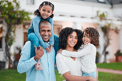 Buy stock photo Love, portrait and family outdoor, real estate and bonding for quality time, loving and cheerful. Face, happy parents and mother with father, female children and kids outside, excited or new property