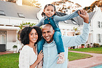 Portrait of mother, father and girl in garden for bonding, quality time and playing outdoors in new house. Family home, real estate and parents smile with child relax on weekend, vacation and weekend