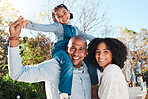 Family, child and portrait outdoor with parents in backyard for love and care. Happy girl kid, man and woman together holding hands for support, peace or quality time for hug and smile or security
