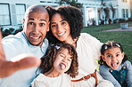 Family, silly selfie and outdoor with children and parents in backyard for love and care. Happy kids, man and woman together for support with hug, smile and tongue out for ai generated portrait