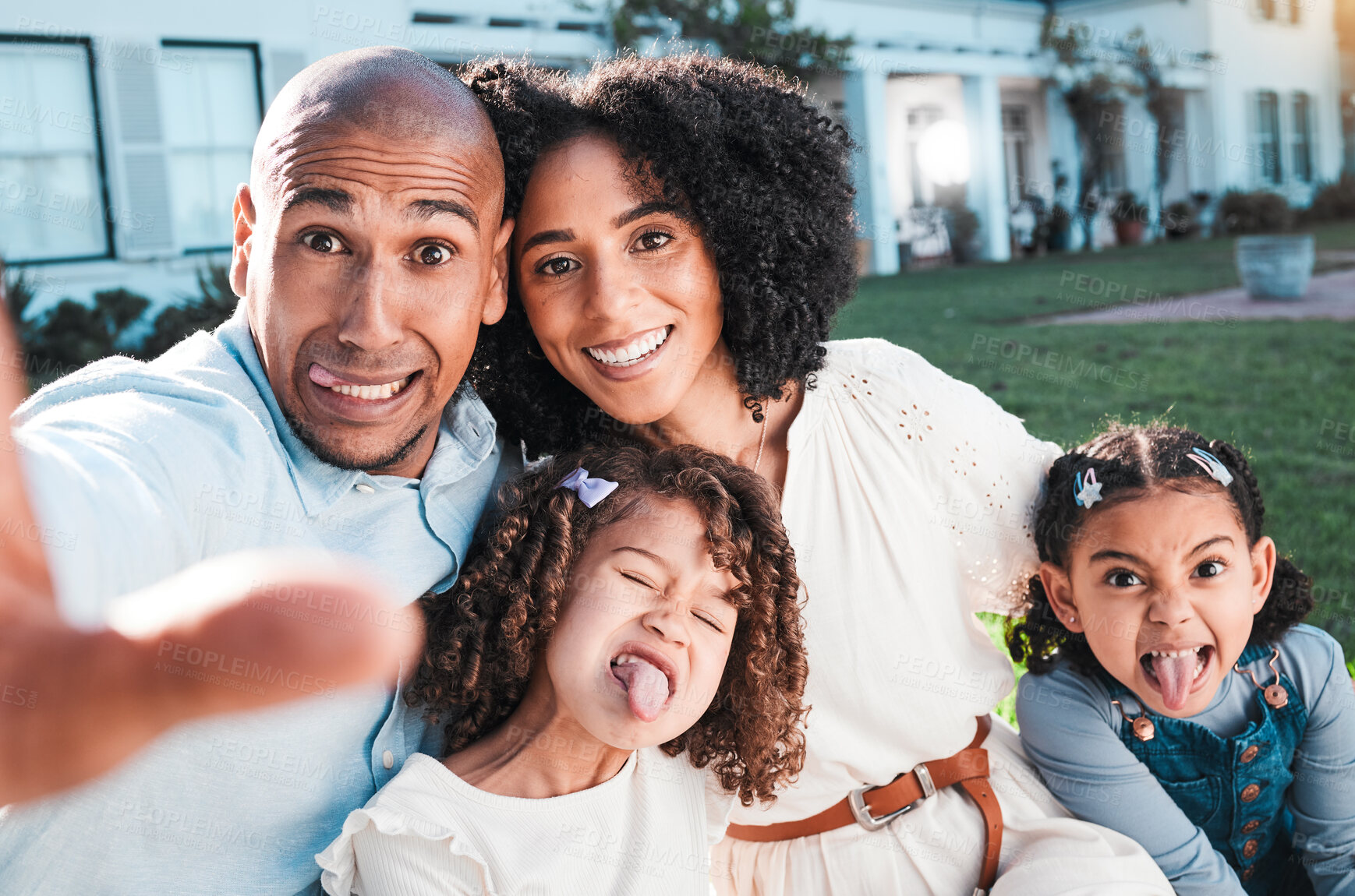 Buy stock photo Family, silly selfie and outdoor with children and parents in backyard for love and care. Happy kids, man and woman together for support with hug, smile and tongue out for comic or funny portrait