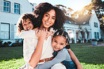 Family, garden and portrait of mother with children relax in backyard for bonding, quality time and play outdoors. Love, new house and mom with girls smile on summer vacation, weekend and holiday