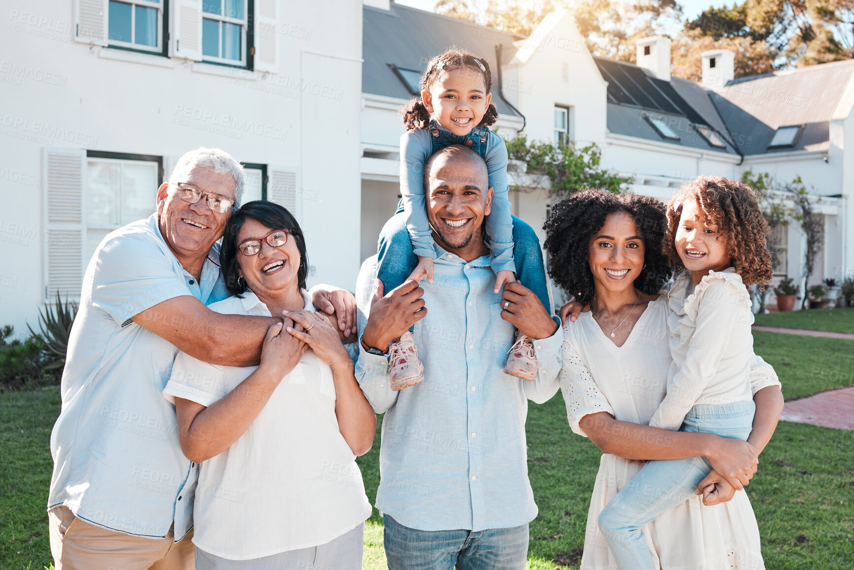Buy stock photo Happy, smile and portrait of big family at home for bonding, generations and carefree. Happiness, weekend and grandparents with children and parents on lawn of house for support, cheerful and joy