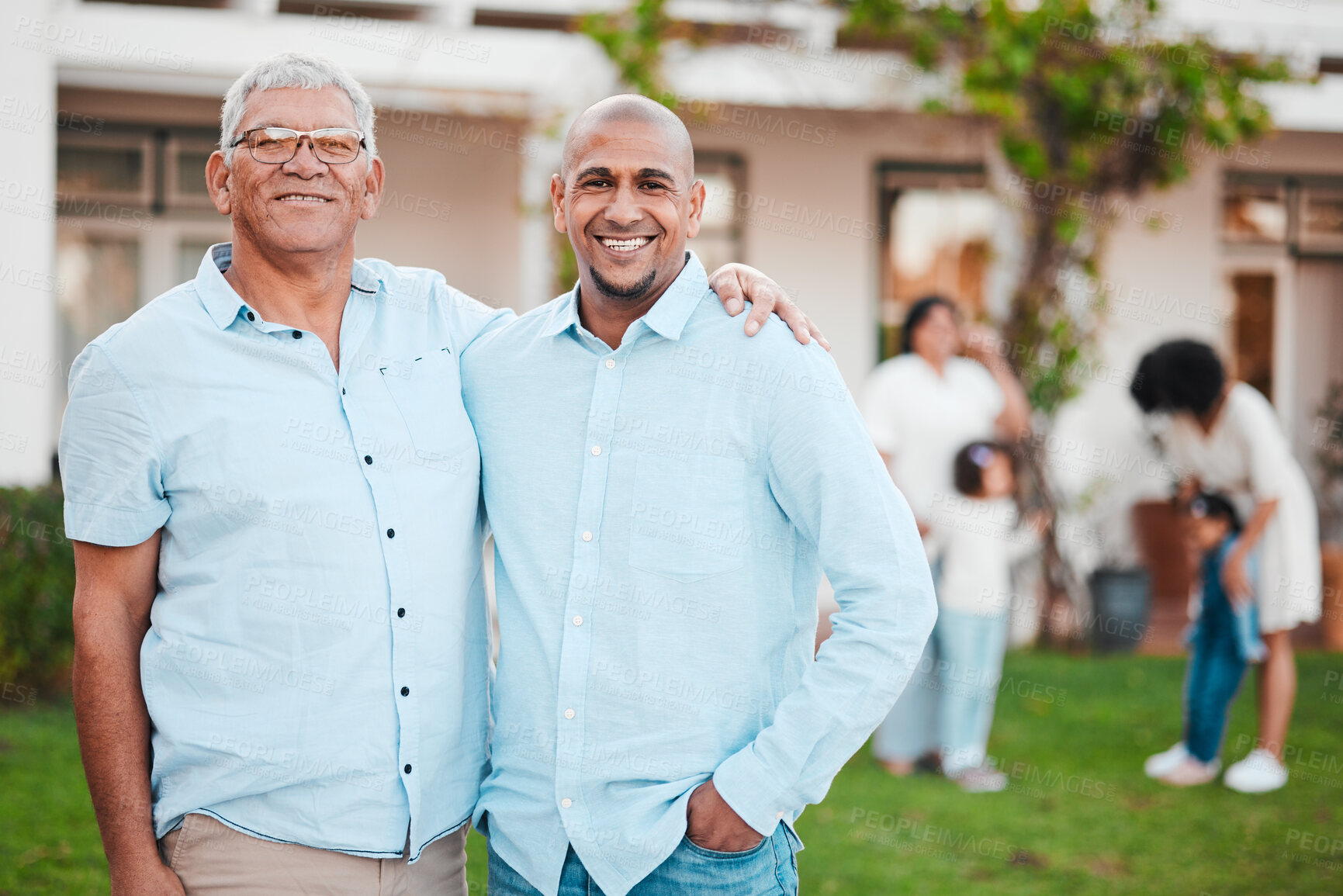 Buy stock photo Man, senior father and portrait on lawn with hug, smile and happiness at family home for reunion. Latino men, happy and together outdoor with excited face in summer on grass in garden with bonding