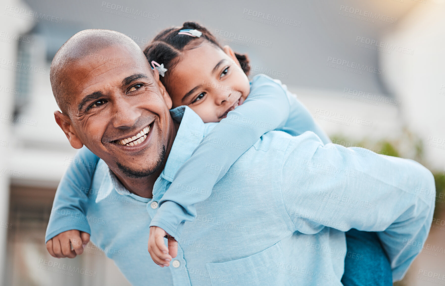 Buy stock photo Family, smile and dad with girl on back relax in home garden for bonding, quality time and playing outdoors. Love, piggyback and happy father carry child on summer vacation, weekend and holiday