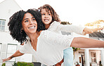 Play, relax and mother with girl on back in home garden for bonding, quality time and playing outdoors. Love, flying and mom piggyback child smile on summer vacation, weekend and holiday in backyard
