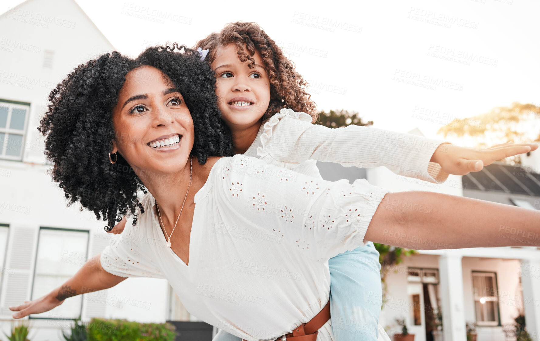 Buy stock photo Play, flying or mother with girl on back in home garden bonding, quality time and playing outdoors. Love, airplane and happy mom piggyback with child on summer vacation, weekend or backyard holiday
