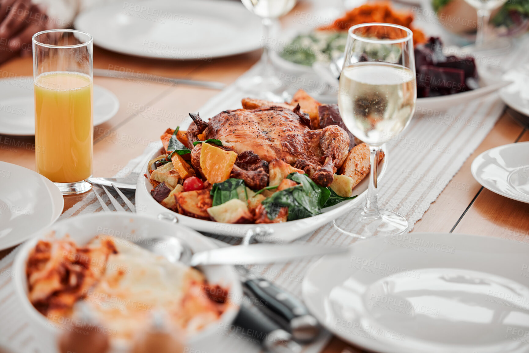 Buy stock photo Food, dinner and party with drinks and table setting, celebration and holiday with Christmas or thanksgiving. Social event, gathering and wine, chicken and juice with gourmet meal, festive and feast