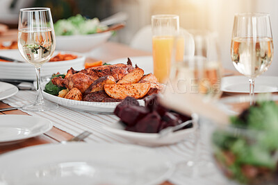 Buy stock photo Food, party and celebration with table in dining room for event, thanksgiving and gathering. Nutrition, diet and cuisine with meal and wine at home for sharing, community and Christmas dinner