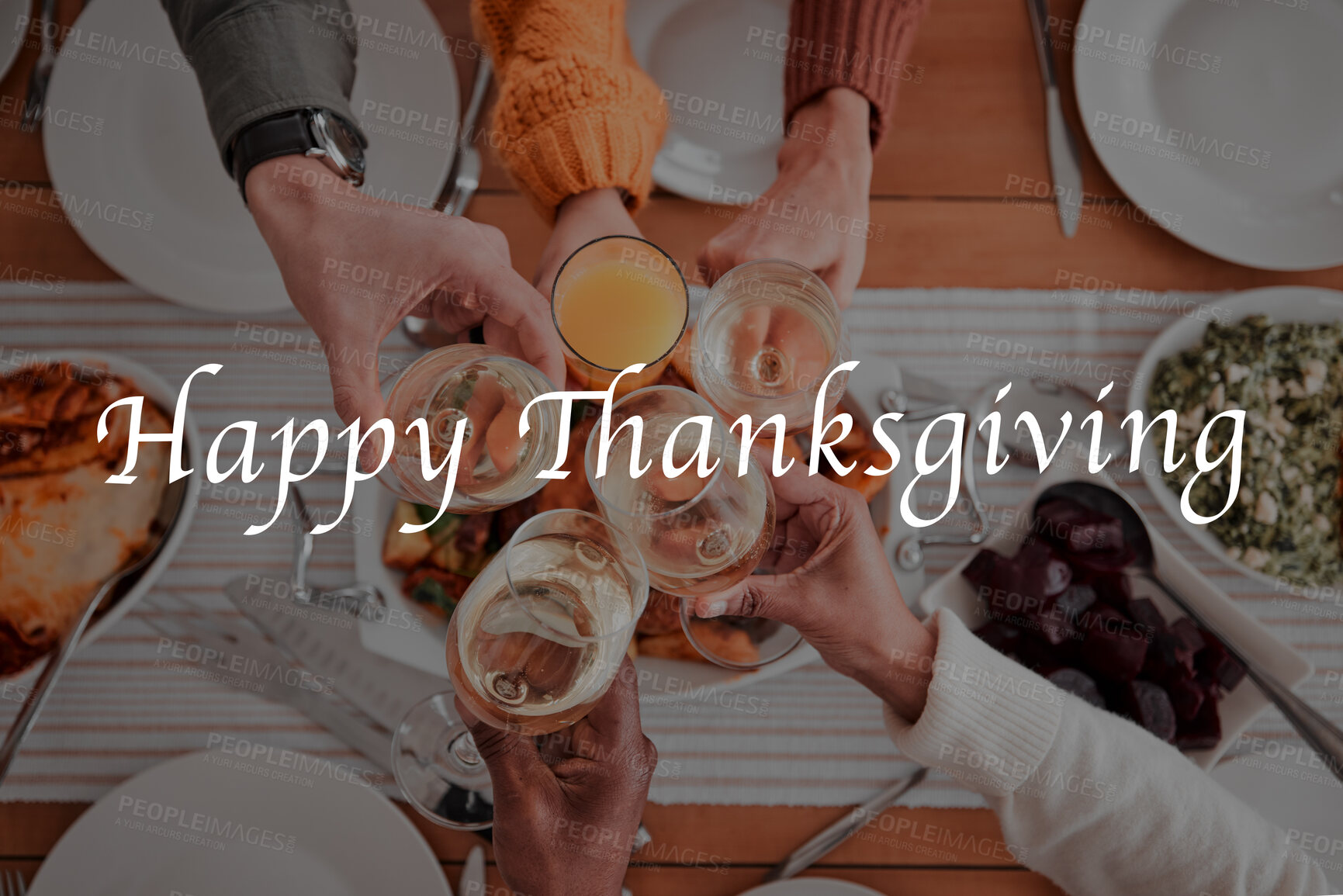 Buy stock photo People, hands and cheers for happy thanksgiving dinner, fine dining or celebration above for meal together. Hand of family or friends toasting by table for food, eating or bonding to special occasion