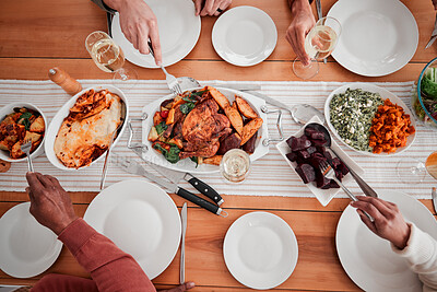 Buy stock photo Food, dinner and party with table setting top view, celebration and holiday with Christmas or thanksgiving. Social event, hungry people and wine, chicken and veg with gourmet meal, festive and feast
