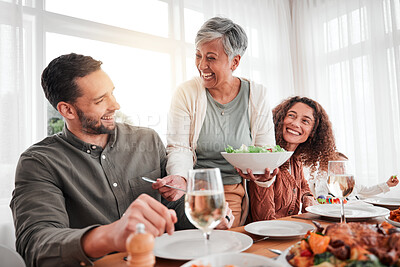Buy stock photo Family, dinner and party, happy while eating together with love and food, celebration and holiday. Man with women at social gathering, relationship and hungry people with meal, happiness and carefree