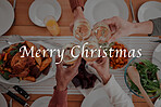 Cheers, champagne and family at christmas dinner for a festive celebration with a text overlay. Food, wine and people doing a toast together to celebrate at xmas lunch, supper or party in dining room