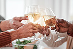 Hands, dinner and party with wine glass and cheers together with love and drinks with celebration and holiday. Toast, alcohol beverage and relationship, hungry people with meal and social event