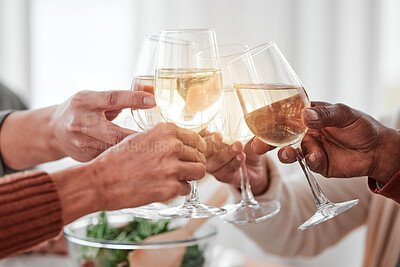 Buy stock photo Hands, dinner and party with wine glass and cheers together with love and drinks with celebration and holiday. Toast, alcohol beverage and relationship, hungry people with meal and social event