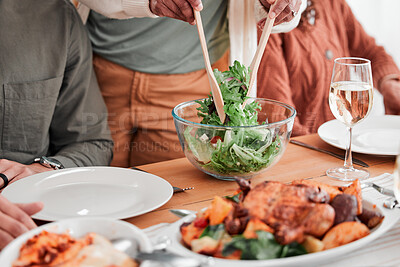 Buy stock photo Lunch table, family and dishing food, eating dinner or celebrating together. Salad, hungry and people dining with gourmet dishes, enjoying homemade cooking and sharing cuisine during supper at home