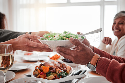 Buy stock photo Food, salad and hands with dinner and party, social gathering or event with family or friends and celebration. Holiday, fun and feast with love, meal and nutrition, people have meal together