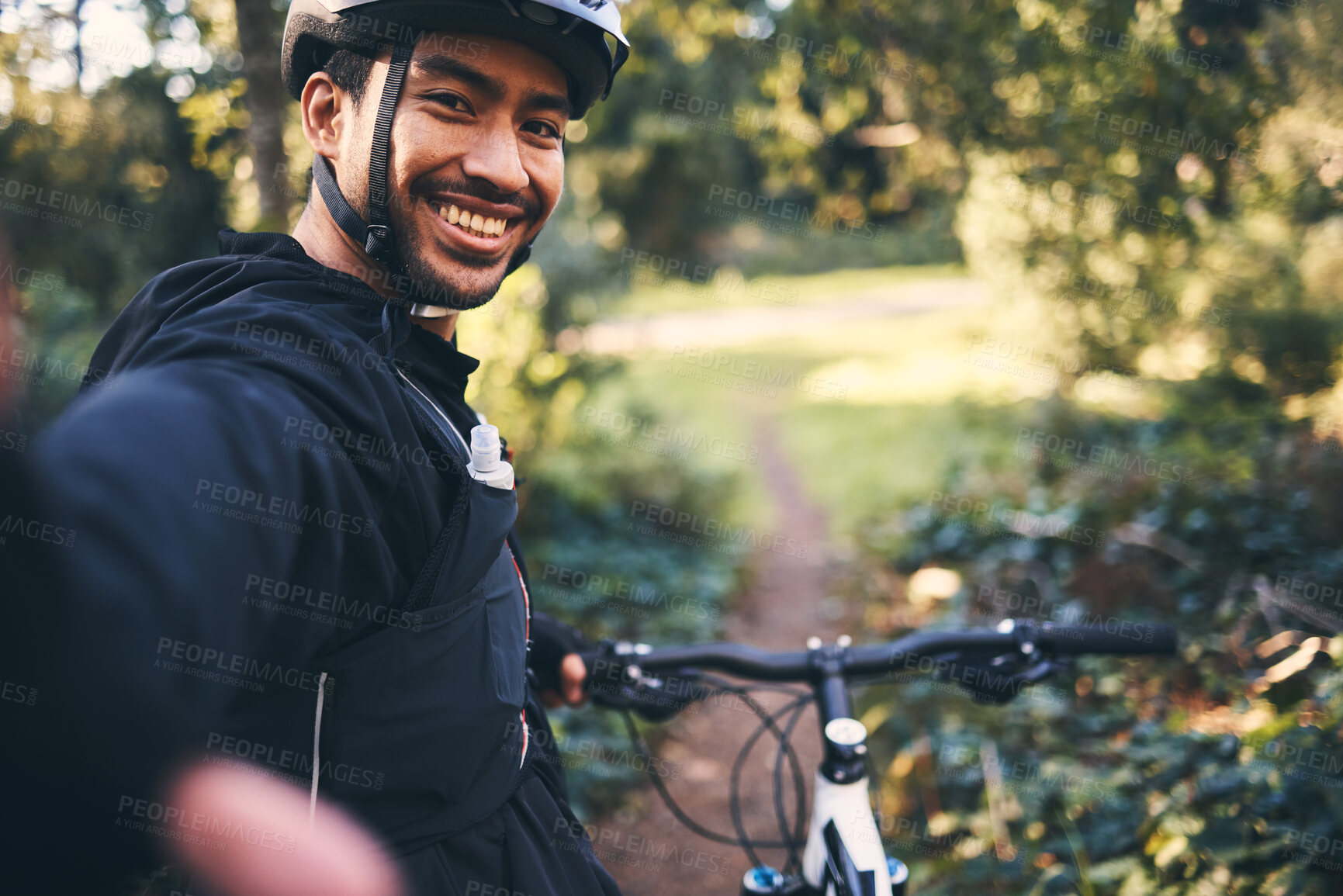 Buy stock photo Selfie, cycling and smile with man in nature for social media, training and workout. Happiness, internet and exercise with portrait of cyclist on bike in forest park for adventure, cardio and picture