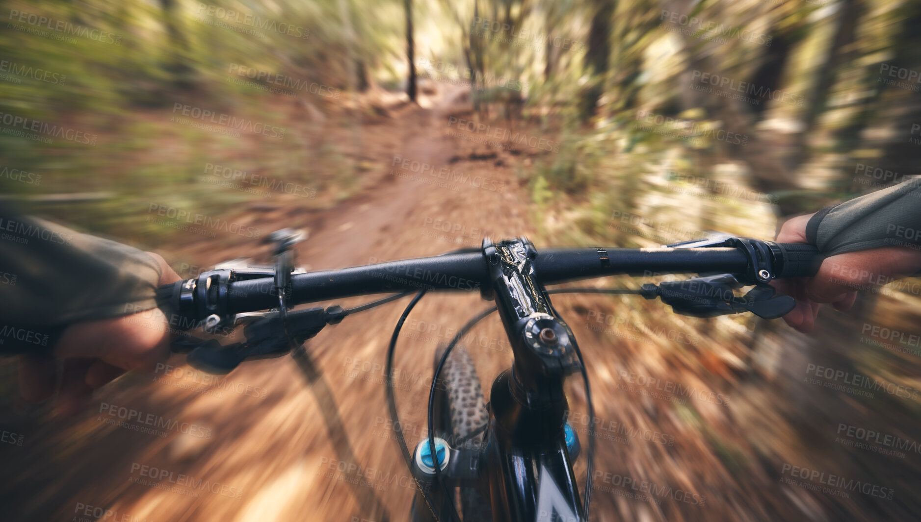 Buy stock photo POV, mountain bike and person cycling in forest, park and path for adventure, speed and motion blur. Closeup perspective of bicycle handle, athlete and outdoor action in nature, off road and sports