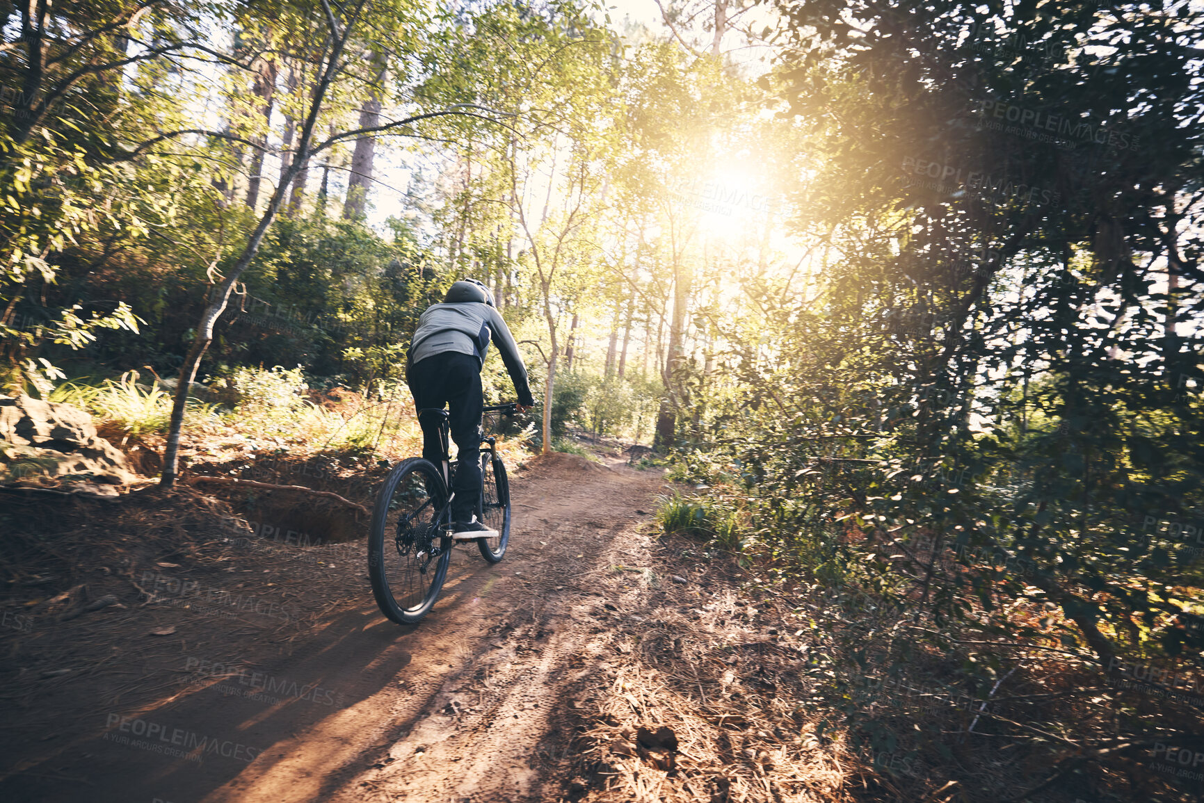 Buy stock photo Cycling, nature and fitness with man on path for training, workout or cardio exercise. Adventure, extreme sports and speed with male cyclist on bike in forest park for performance, challenge or break