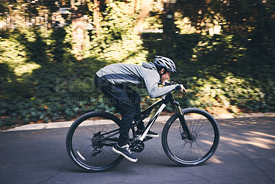 Buy stock photo Cycling, nature and fitness with man in road for training, workout or cardio exercise. Adventure, extreme sports and speed with male cyclist on bike in forest park for performance, challenge or break
