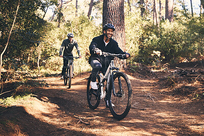 Buy stock photo Forest, fitness and friends cyclist on bicycle in nature with helmet, exercise adventure trail and health mindset. Cycling, woods and man with mountain bike in trees for workout, motivation or energy