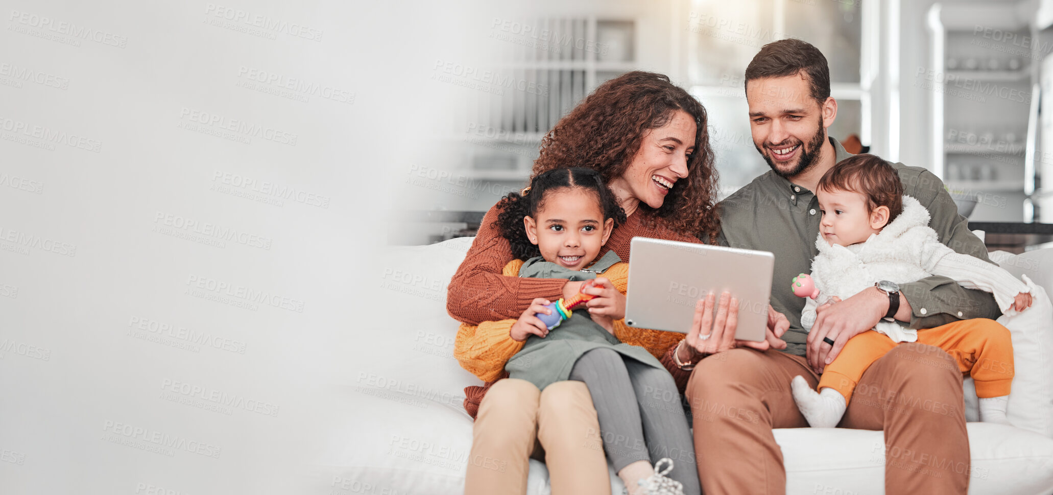 Buy stock photo Happy family on sofa with tablet, kids and bonding, streaming service for child development video with mockup space. Mother, father and children on couch, happiness and smile in digital entertainment