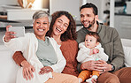 Family, baby and selfie on sofa with grandmother, happiness and bonding with love in living room together. Man, women and child for photography for social media app on lounge couch with care in house