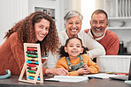 Education, homework and portrait of happy family with child for helping, learning and lesson at home. Grandparents, parents and happy girl smile with notebook, educational toys and abacus for school