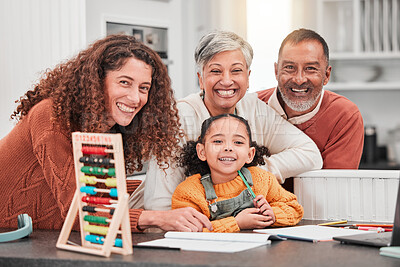 Buy stock photo Education, homework and portrait of happy family with child for helping, learning and lesson at home. Grandparents, parents and happy girl smile with notebook, educational toys and abacus for school